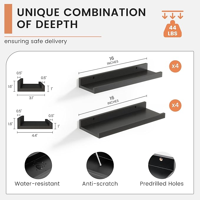 Floating Picture Ledge Shelves Set of 8, 16 Inch Solid Wood Wall Shelves - Image 3