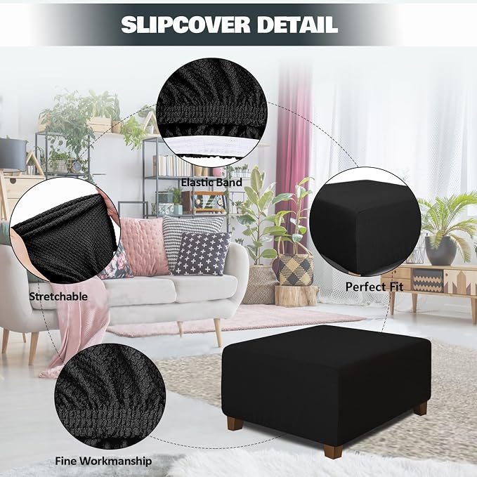 NeColorLife Square Ottoman Cover Jacquard Fabric Thick Stretchable Slipcover - Image 2
