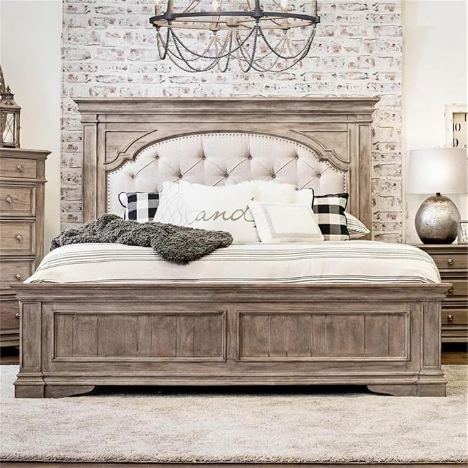 Pemberly Row Solid Wood Queen Panel Bed, Driftwood Gray Finish, Upholstered - Image 7