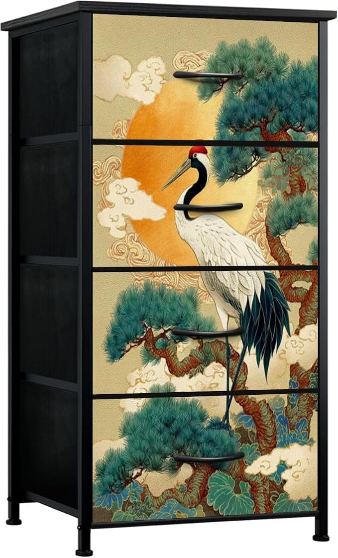 Dresser for Bedroom Japanese Crane Pine Tree Red Sun Clouds Traditional Art by Unknown
