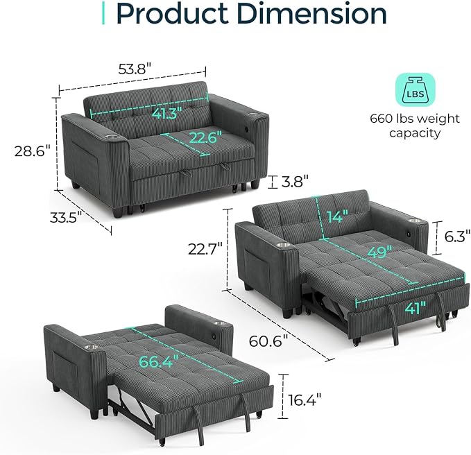 LINSY Sleeper Sofa Bed, Small 3 in 1 Convertible Loveseat Sleeper Couch - Image 2