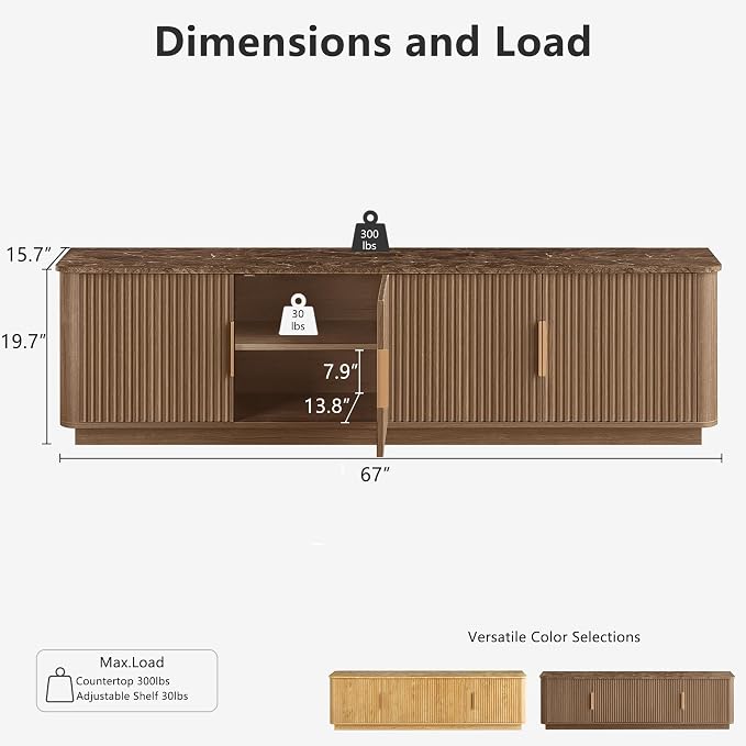 win2win 67" TV Stand for 80 Inch TV, Mid Century Modern Fluted Entertainment - Image 2