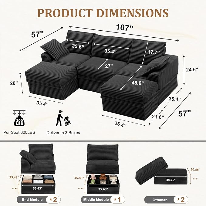 Upgrade Boneless Couch with Storage, Extra Deep&High Seat Modular Sectional - Image 3