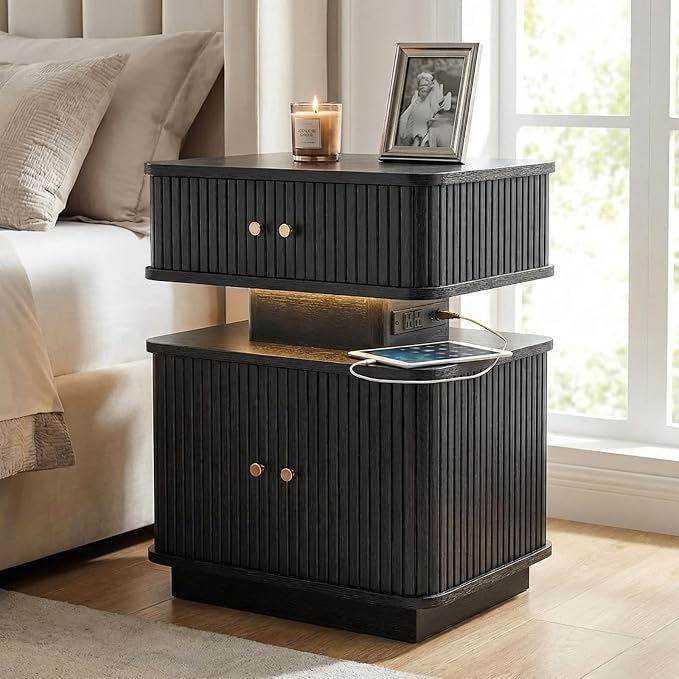 Black Nightstand with Charging Station and LED Light, Fluted Bedside Table with - Image 6