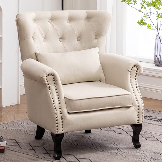 Mid Century Accent Chair for Living Room, Linen Fabric Button Tufted Armchair - Image 2