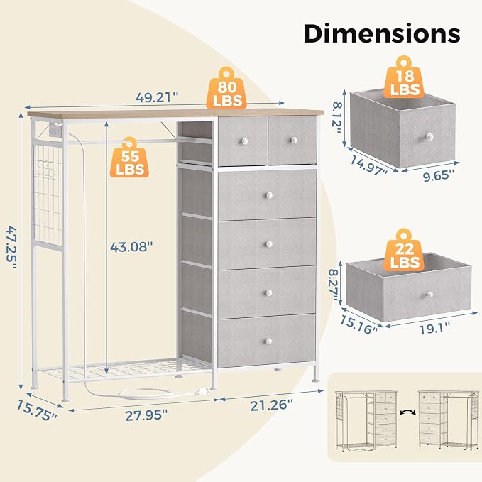 DUMOS Dresser for Bedroom with Hanging Rack, 6 Drawer Fabric Dresser with - Image 3