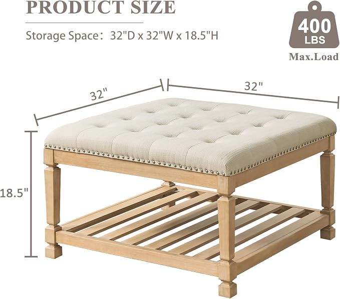 Befurtori Large Square Ottoman Coffee Table, Linen Solid Upholstered Footrest - Image 2
