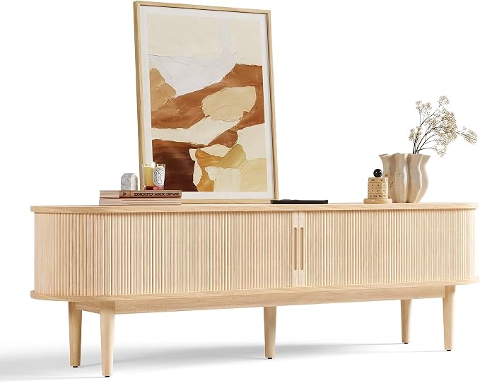 LINSY HOME Fluted TV Stand for 75" TV, Mid-Century Modern 70" Entertainment by LINSYHOME
