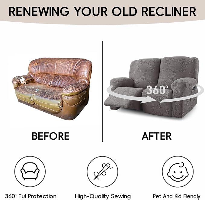 Recliner Loveseat Covers, 4-Piece Stretch Geometric Strokes Jacquard Reclining - Image 6