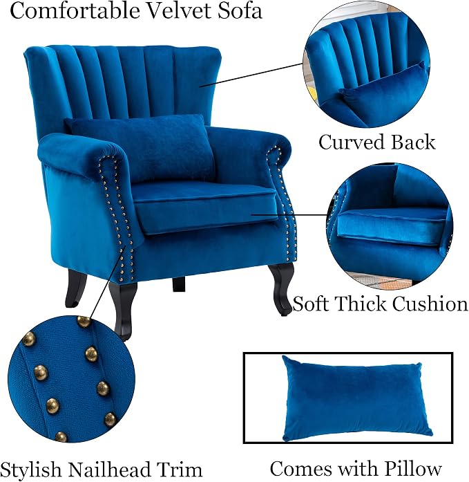 Mid Century Accent Chair Modern Tufted Wingback Armchair Club Chair Velvet - Image 7
