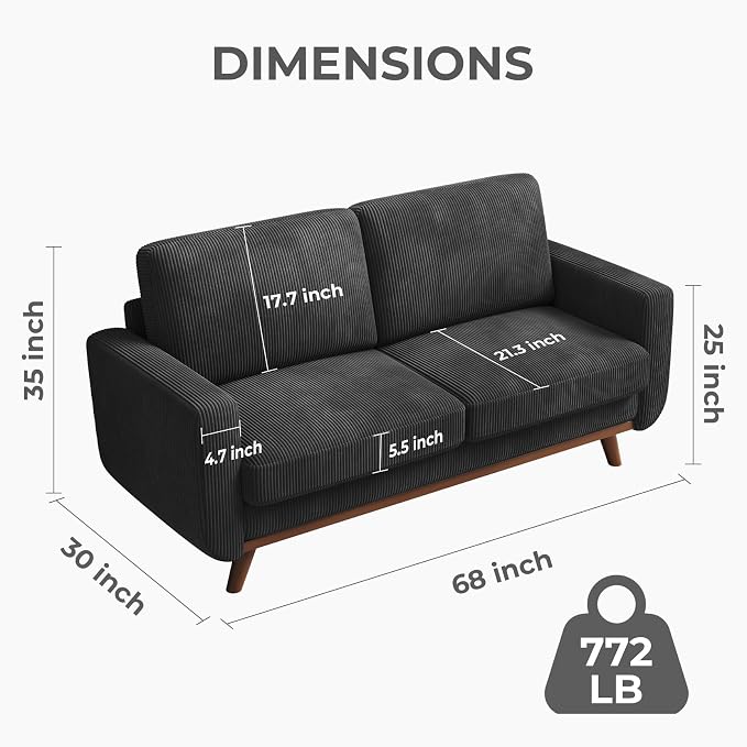 Vesgantti 68" Loveseat Sofa Black, Comfy Corduroy Couch - Image 2