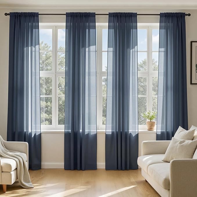 MIULEE Navy Blue Sheer Curtains 96 Inches Long, 4 Panels Set, Light Filtering by MIULEE