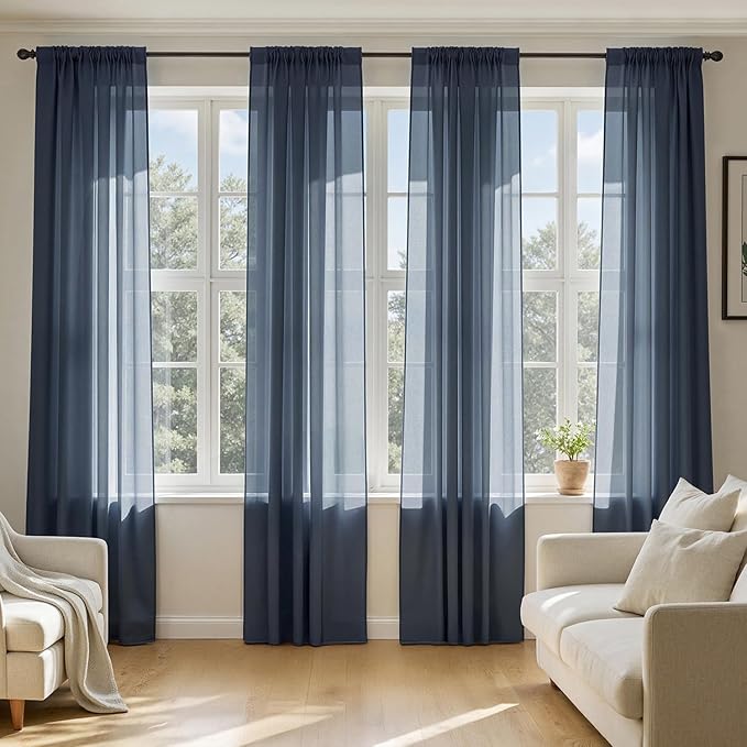MIULEE Navy Blue Sheer Curtains 84 Inches Long, 4 Panels Set, Light Filtering by MIULEE