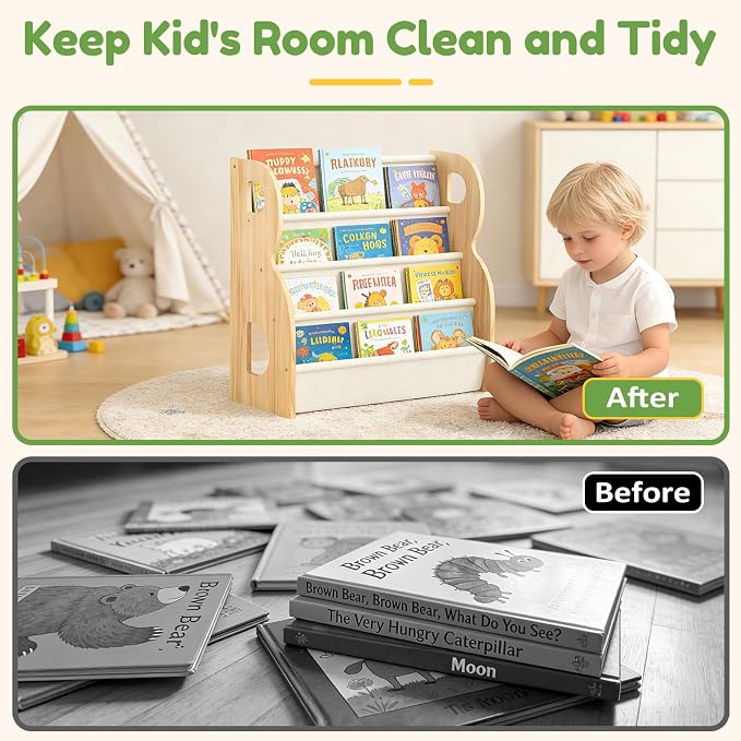 XiaZ Child Book Shelf Wooden Montessori Toddler Bookshelf Solid Pine B-Frame - Image 3