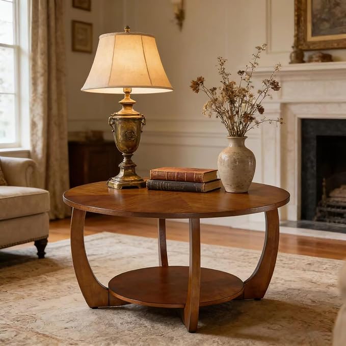 Round Solid Wood Coffee & End Table Set, 2-Piece Solid Wood Living Room Table - Image 2