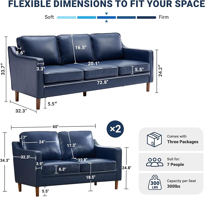 Kingfun Living Room Furniture Sets, Armchair and 2 Loveseat, Mid Century Modern - Image 2