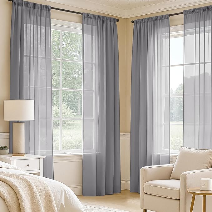 MIULEE Dark Grey Sheer Curtains 63 Inches Long, 4 Panels Set, Rod Pocket Light - Image 2