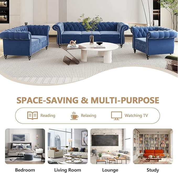 QHITTY 3 Piece Living Room Couch Set, Sectional Chesterfield Sofa Chair - Image 6