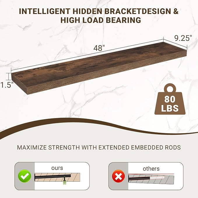Acovy 48 Inch Floating Shelves, Wooden Shelves - Image 3