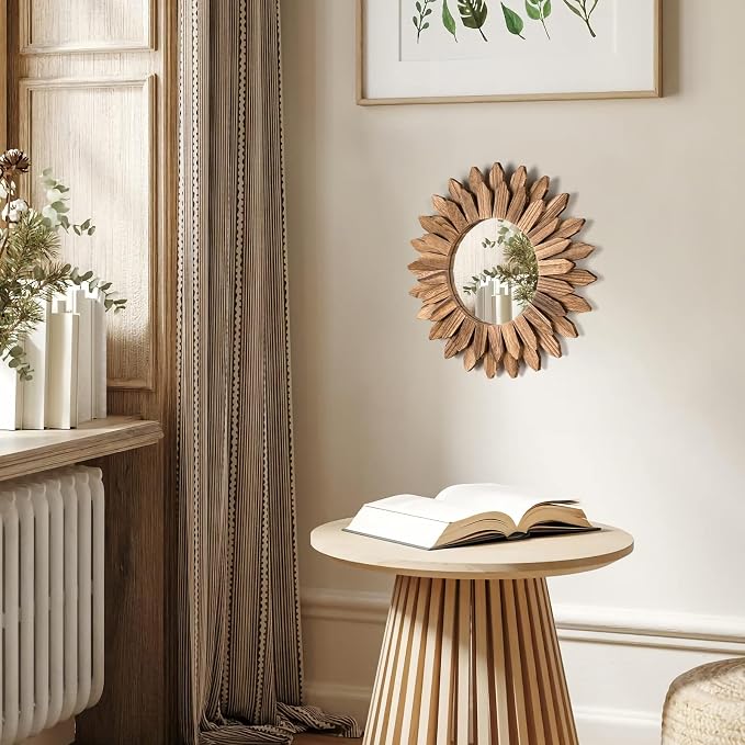 Honiway Wall Mirror Decorative 12 inch Rustic Wood Mirror Sunburst Boho Mirror - Image 3