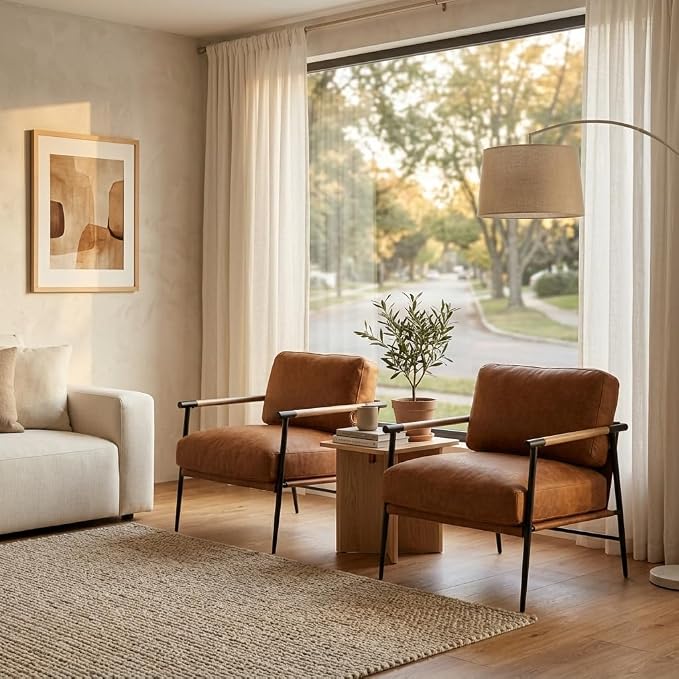 Ya-Home Mid-Century Accent Chair Set of 2, Soft Armchair PU Leather Lounge Chair - Image 4