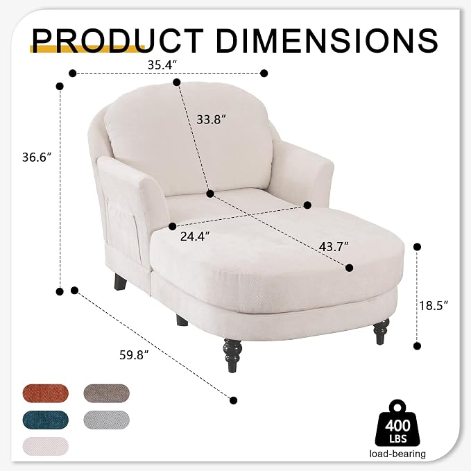 Chaise Lounge Chair Indoor, 59.8" Oversized Couch Reading Chairs，Chenille - Image 2