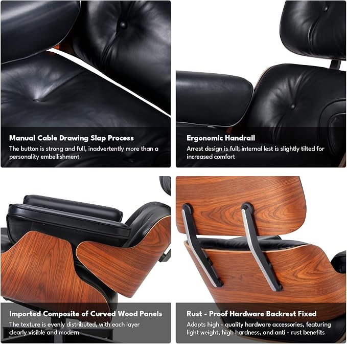 Top Black Grain Leather, Mid Century Chaise Lounge Chair and Ottoman, Accent - Image 8