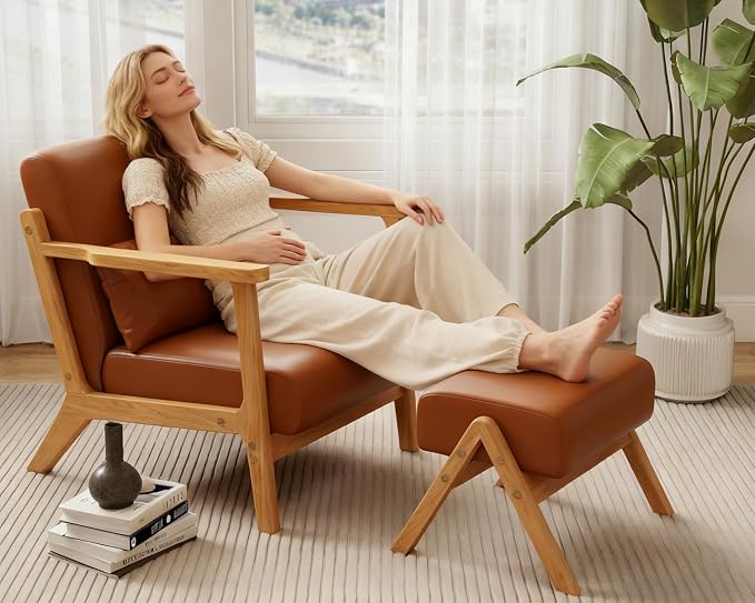 Accent Chair and Ottoman Set, Mid-Century Modern Faux Leather Armchair - Image 4