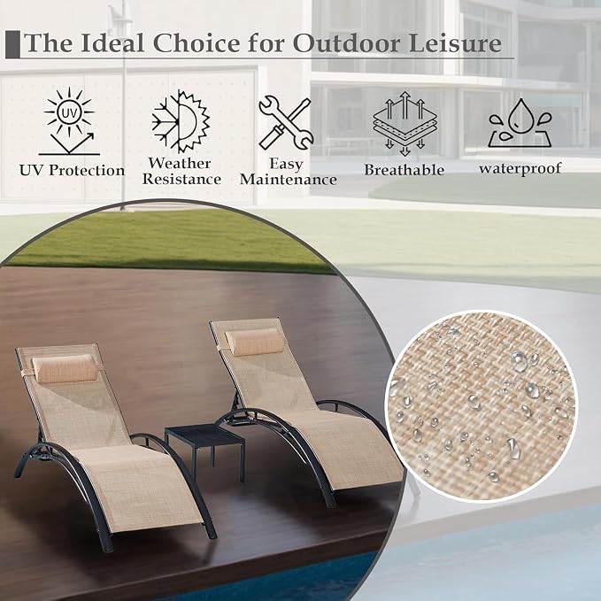 EROMMY Outdoor Chaise Lounge Set of 3, Reclining Patio Chairs - Image 4