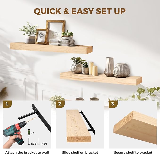 36x8x1.6 inch Floating Shelves Set of 2 – Solid Wood Rustic Wood Wall Mounted - Image 5