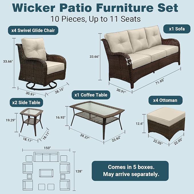 Patio Furniture Set, High Back Rattan Sofa & Swivel Rocker Chairs, Weather - Image 6