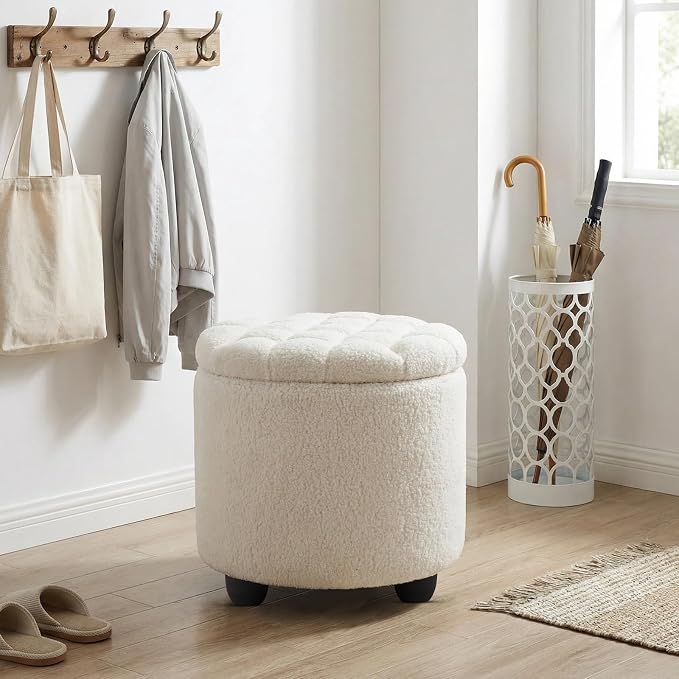 Furniliving Modern Round Storage Ottoman, Button Tufted Ottoman Footstool - Image 9