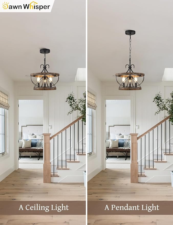 12.9 Inch Farmhouse Chandelier for Dining Room Wood Drum Chandelier Light - Image 6