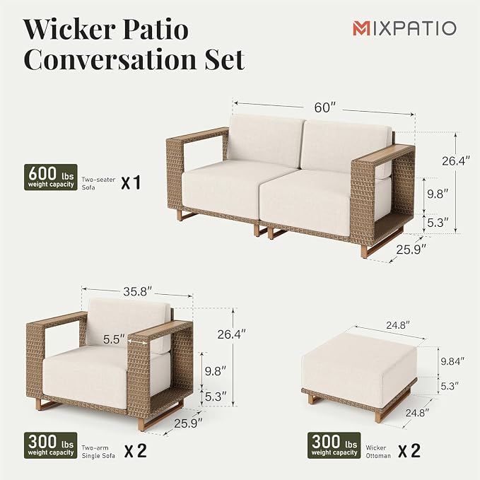 MIXPATIO Patio Furniture Set, 5 Piece Outdoor Wicker Sofa Couch, Deep Seating - Image 3