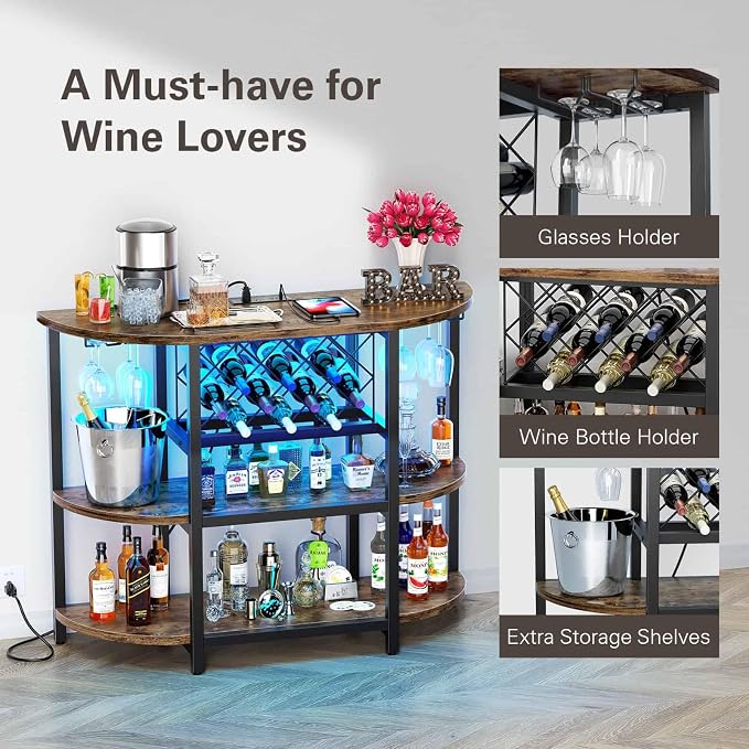Zarler Bar Cart with Power Outlet Easy to Assemble, LED Home Bar Cabinet - Image 6