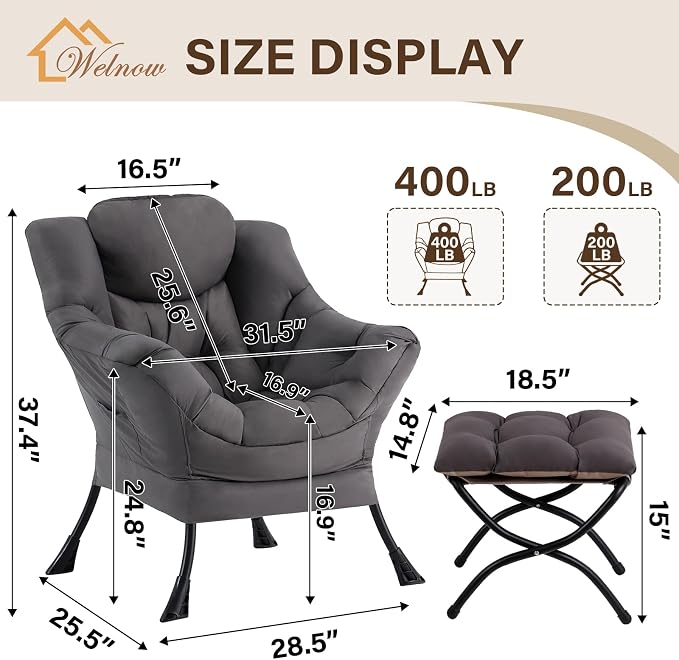 Welnow Lazy Chair with Ottoman, Modern Accent Chair with Armrests and a Side - Image 3