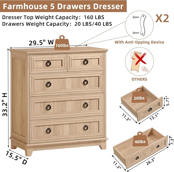 Joaxswe Farmhouse 5 Drawer Dresser - Image 2