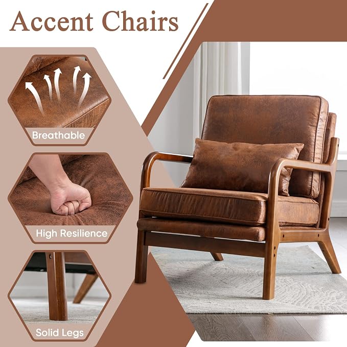 Mid Century Modern Brown Accent Chair Living Room- Comfy Solid Wood Arm Chair - Image 3