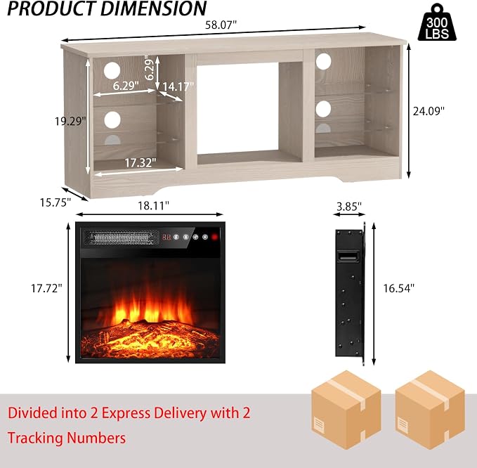 PRETZI Fireplace TV Stand with 18" Fireplace Up to 65" TVs, TV Media Console - Image 6