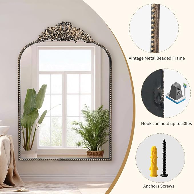 Arch Antique Black Mirror, 24x36inch Baroque Style Vintage Mirror, Metal Frame - Image 3
