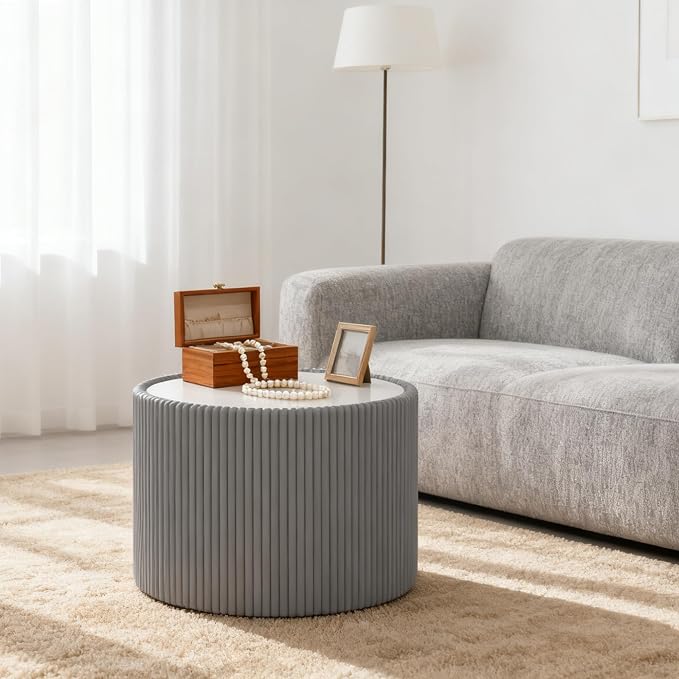 SSLine Round Drum Coffee Table Modern Sintered Stone Top Side End Table in Grey - Image 7