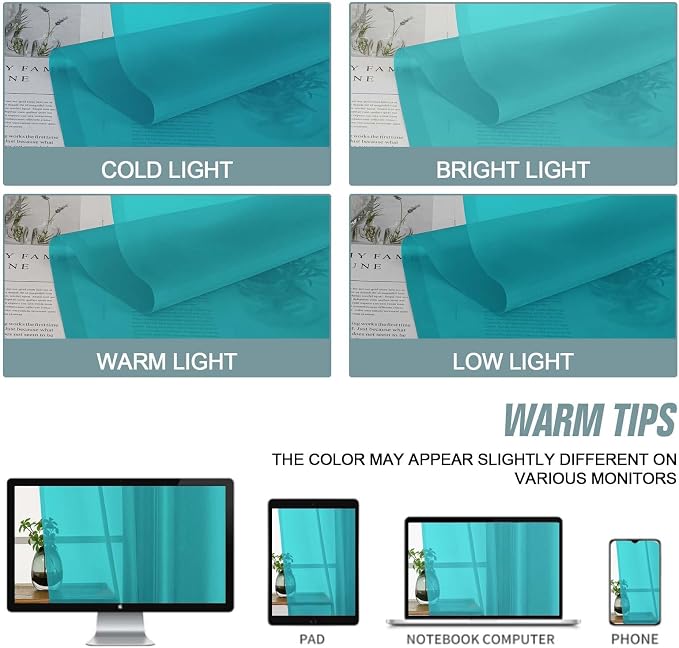 Turquoise Sheer Curtains for Window 96 Inches Long 2 Panels, Soft Airy Light - Image 6