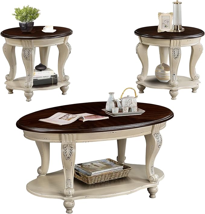 LKTART Oval Coffee Tables Set of 3, Vintage Wood Coffee Table by LKTART