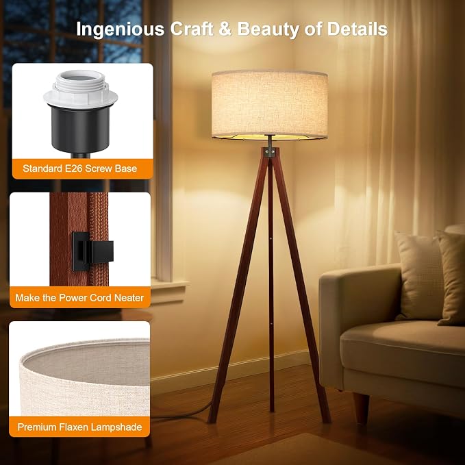LEPOWER Wood Tripod Floor Lamp, Mid Century Standing Lamp, Modern Design - Image 3