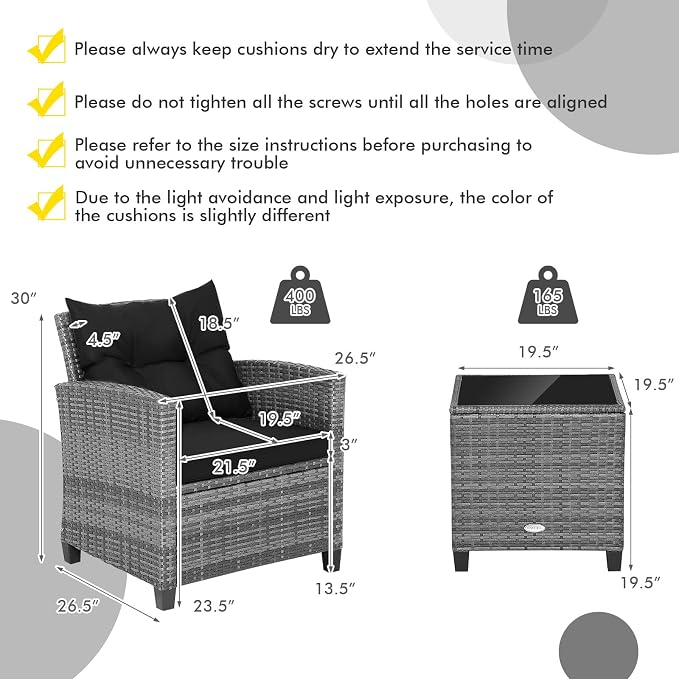 COSTWAY 3PCS Patio Furniture Set, PE Rattan Wicker Sofa w/Washable Cushion and - Image 4
