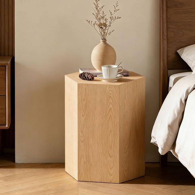 H 18.9in Hexagonal Natural Wood Side Table, Farmhouse Coffee Table by Vulacko
