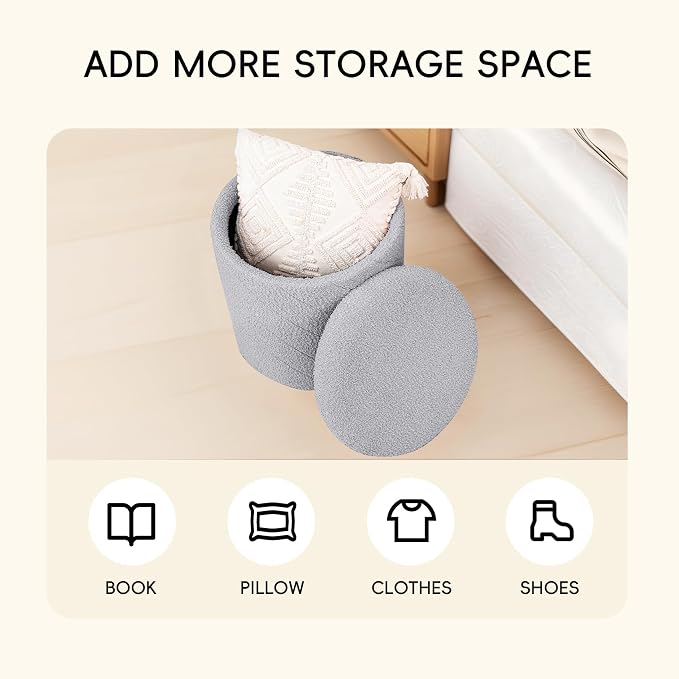 PINPLUS Ottoman with Stroage Round Boucle Ottoman and Tray Sherpa Removable - Image 5