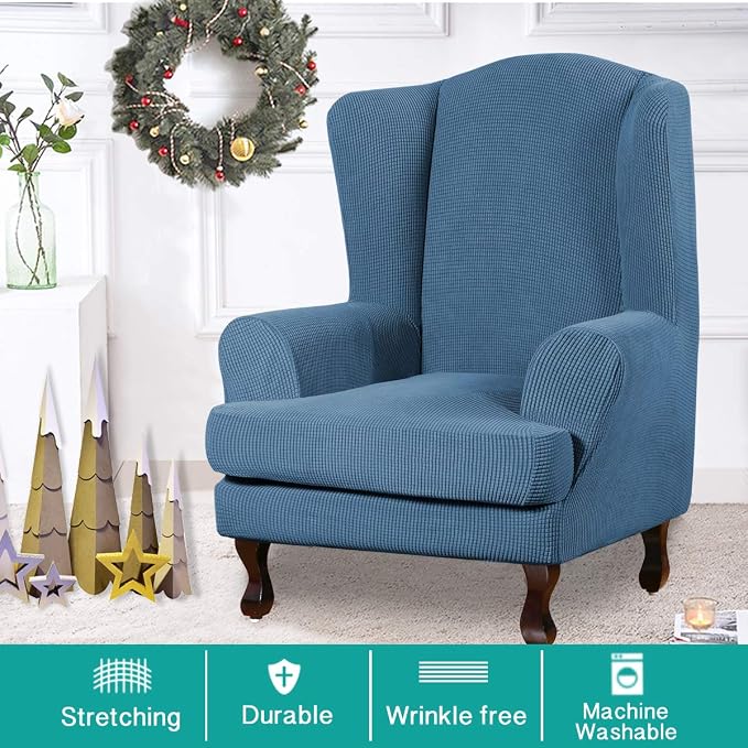 Turquoize Wingback Chair Covers 2 Piece Wing Chair Slipcover Stretch Slipcovers - Image 2