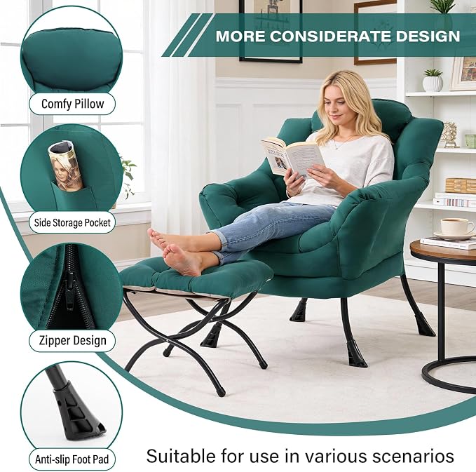 MBOOYOME Lazy Chair with Folding Ottoman, Modern Accent Armchair with Armrests - Image 4