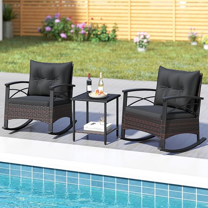 Tangkula 3 Piece Rattan Rocking Chair Set, Patio Rocker Bistro Set - Image 9
